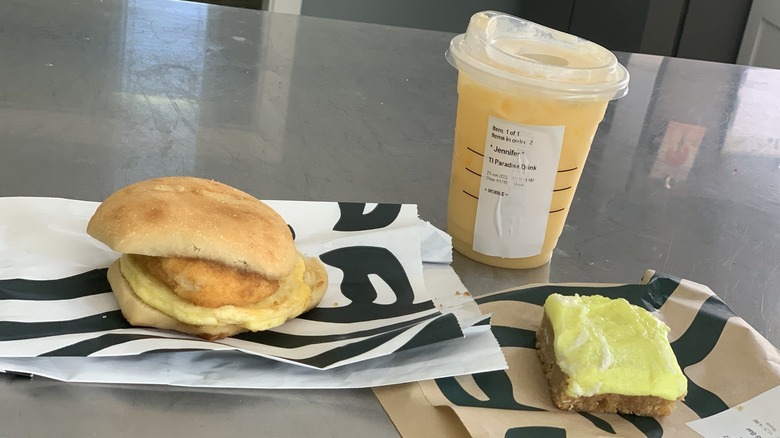 Starbucks chicken sandwich and drink