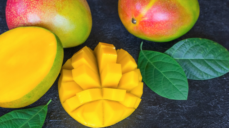 Mango cut up with leaves 