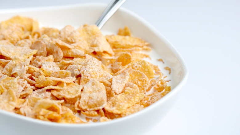 Bowl of frosted flakes with milk