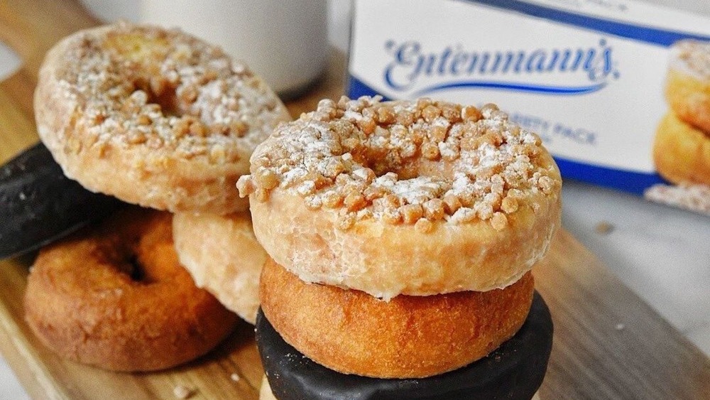 Entenmann's donuts on a cutting board