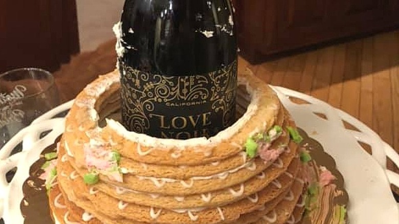 Wine bottle inside kransekake 