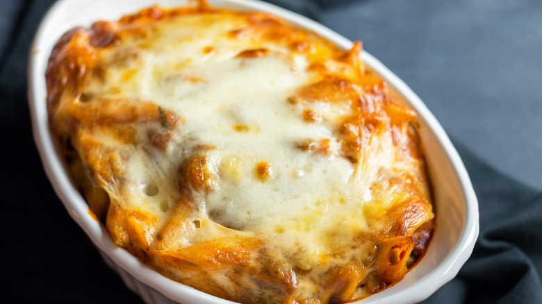 Baked ziti in white dish