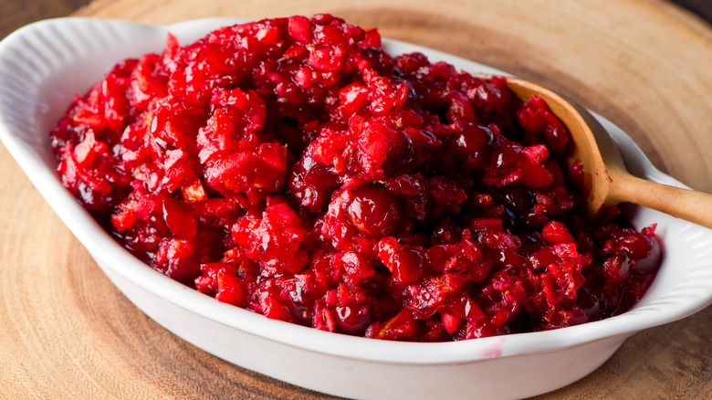 Cranberry chutney in white dish