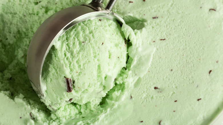 closeup of mint ice cream being scooped