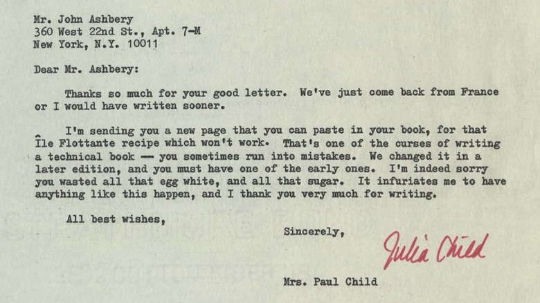 Letter from John Ashbery to JuliaChild