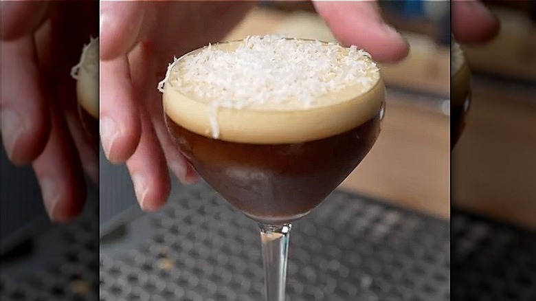 espresso martini with Parmesan cheese on top