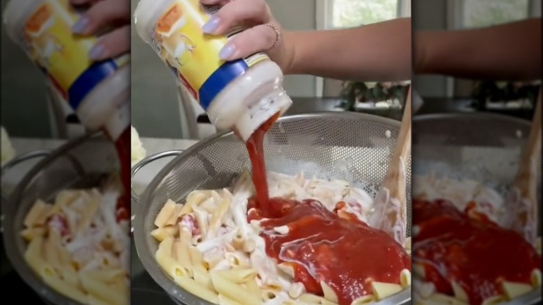 Unappetizing pasta with tomato and cheese sauce