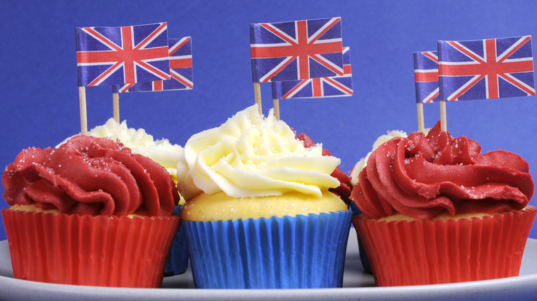 Three white and red cupcakes with union flags