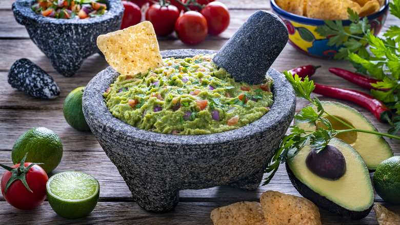 guacamole in a molcajete