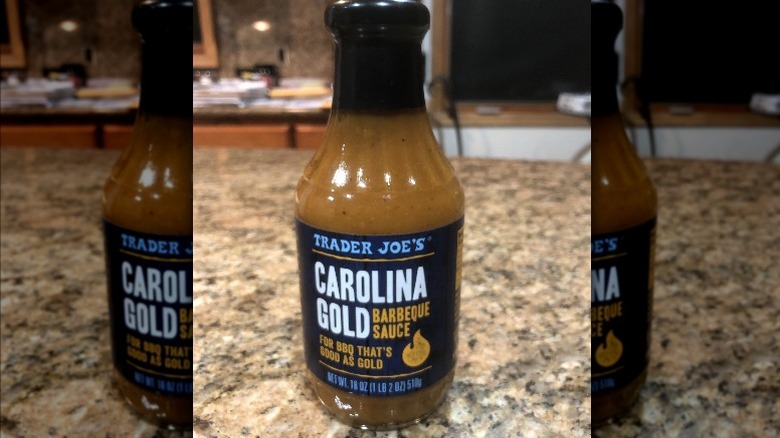 Bottle of Carolina Gold barbecue sauce on countertop