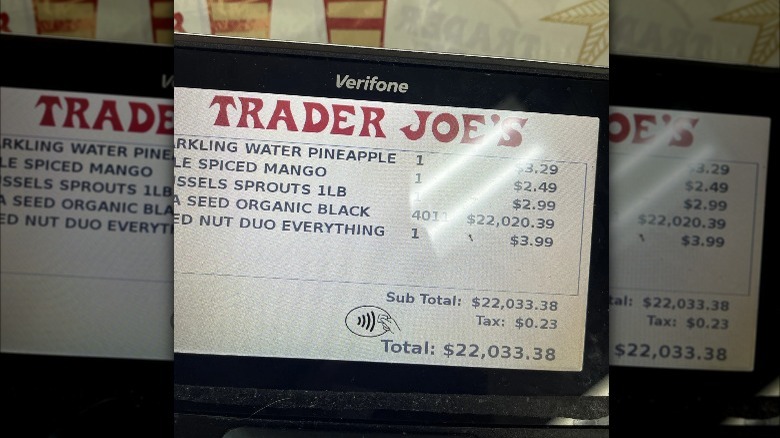 A Trader Joe's checkout screen displaying products and prices.