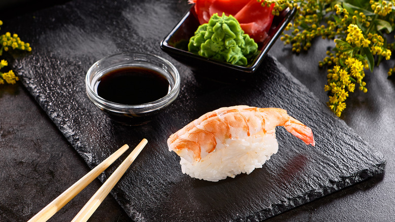 Shrimp nigiri sushi with soy sauce