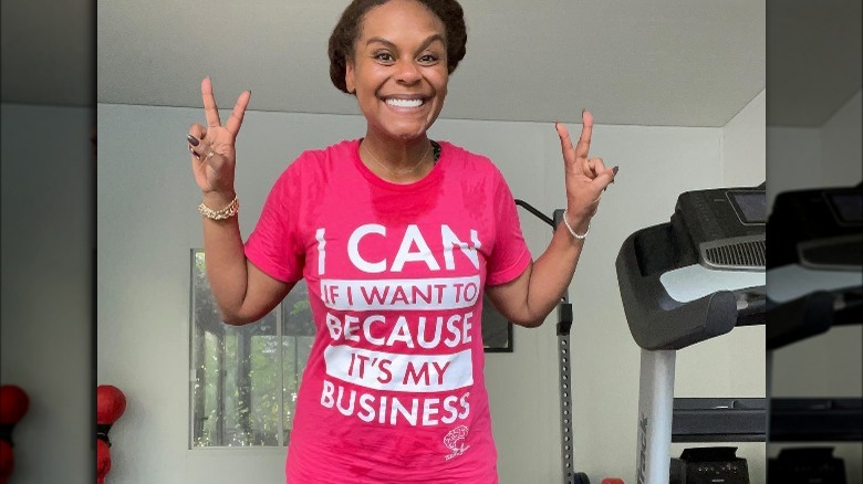 Tabitha Brown with her catchphrase on a t-shirt