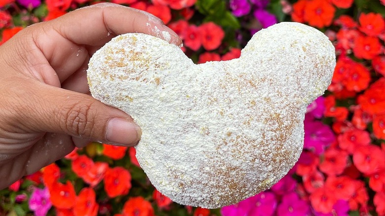 close up of woman's hand holding a Mickey beignet in front of red and pink flowers