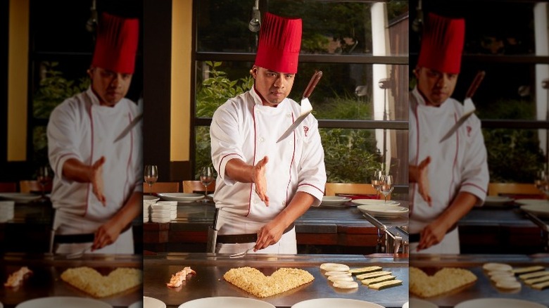 Benihana chef flipping spatula