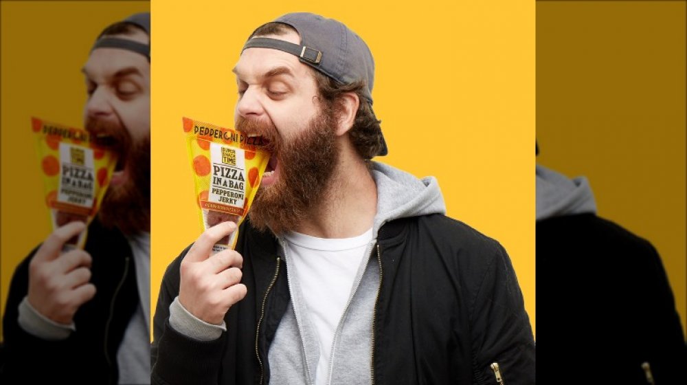 Harvey Morenstein promoting Super Snack Time's Pizza in a Bag