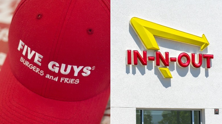 Five Guys employee hat and In-N-Out exterior