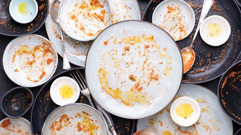 A view from above of dirty dishes and pans 