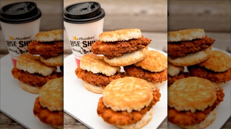 stack of Hardee's chicken biscuits