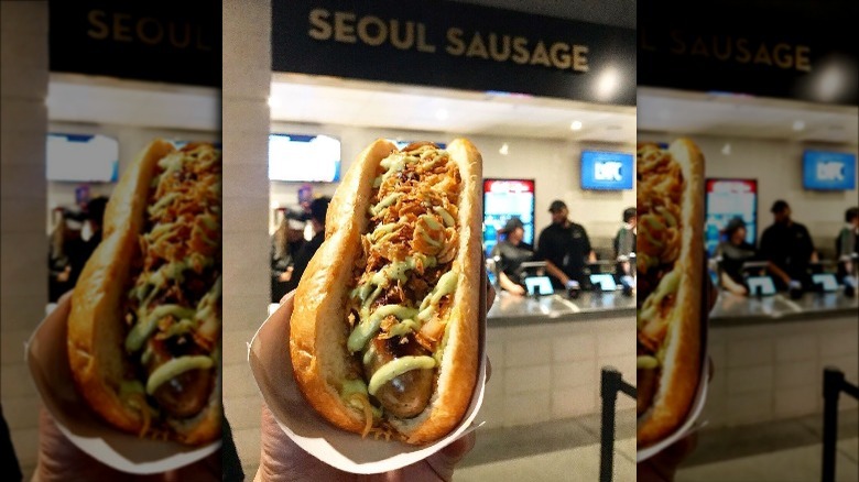 Seoul Sausage with toppings at stadium