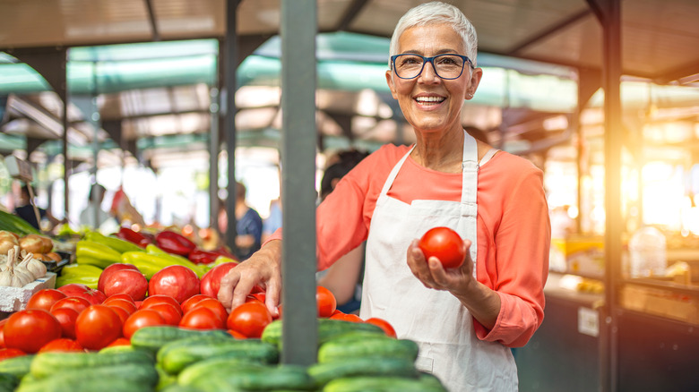 lady with veggies