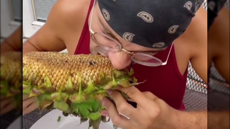 TikToker eating grilled sunflower