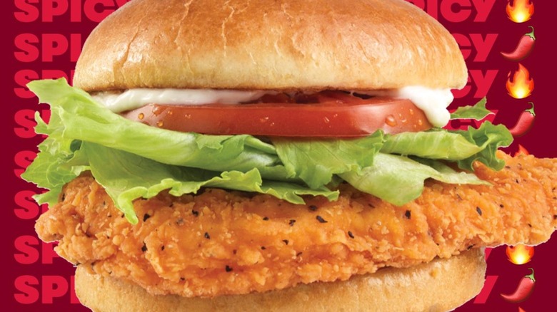 Wendy's spicy chicken sandwich in front of text