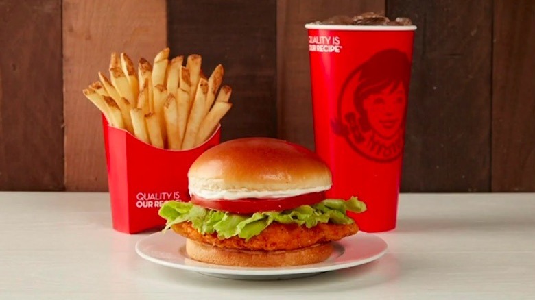 Wendy's spicy chicken sandwich with fries and soda