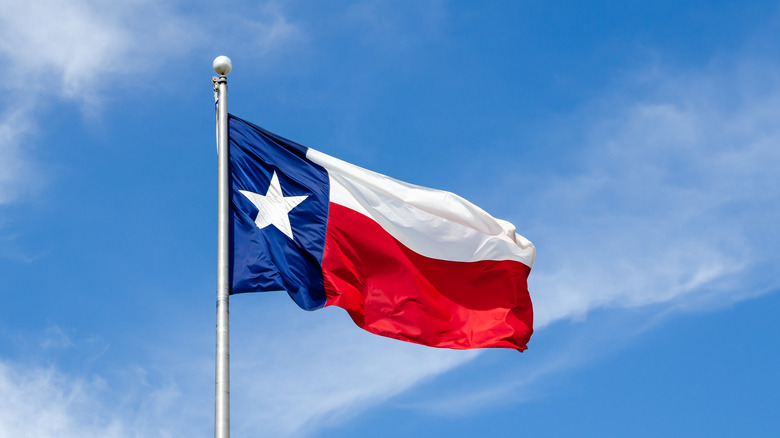 Flag waving behind blue sky