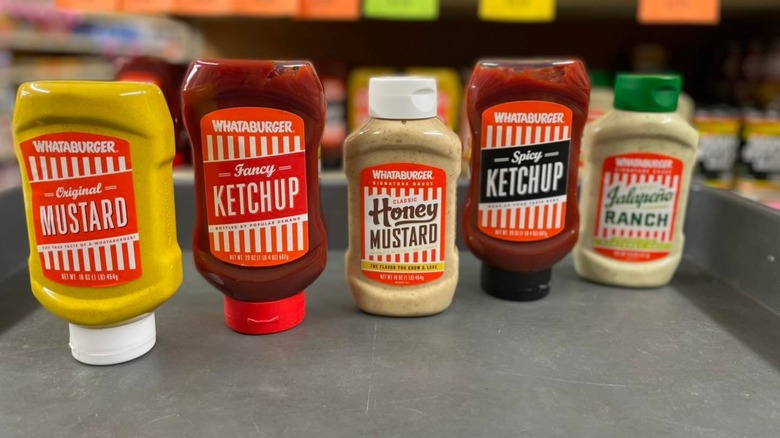 Condiment bottles on counter