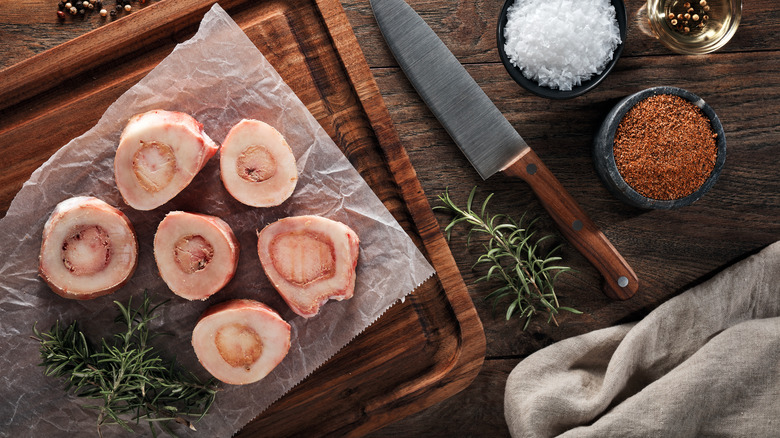 Marrow bones on a cooking tray