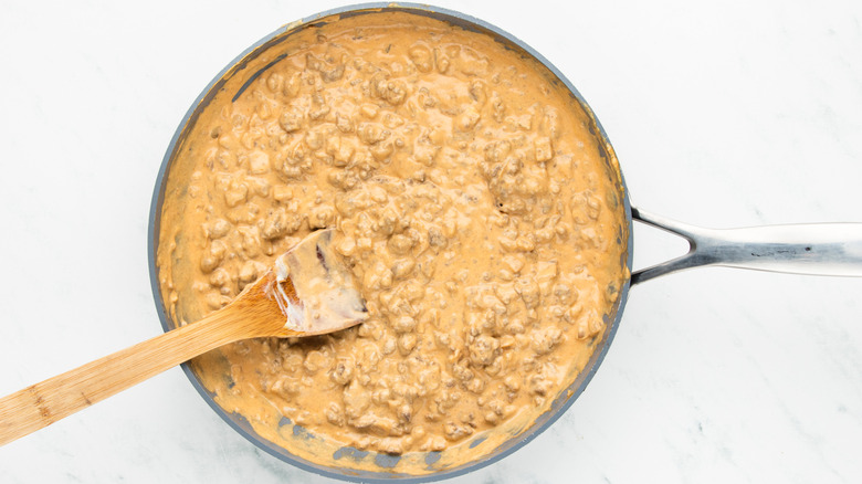 cheeseburger dip mixture in pan