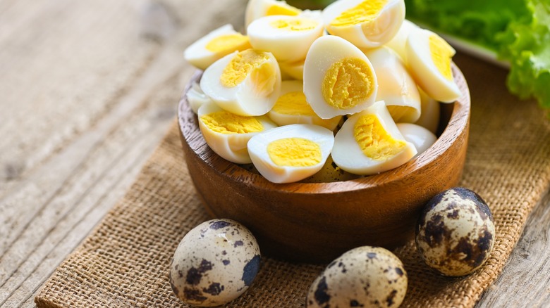 whole and boiled quail eggs