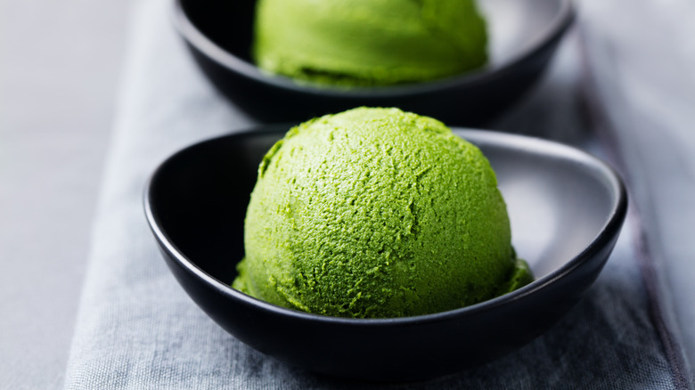 Matcha ice cream in bowls 