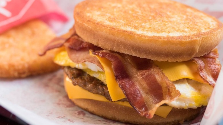 jack in the Box loaded breakfast sandwich and hashbrown