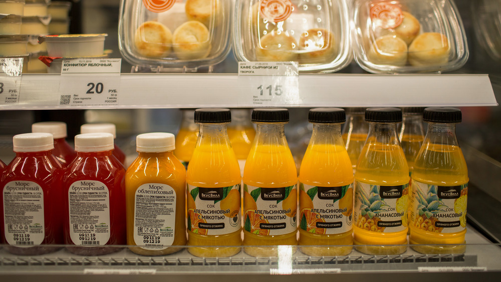 Orange juice on grocery store shelves