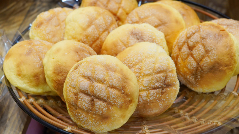 Japanese melon bread on a wicker plate