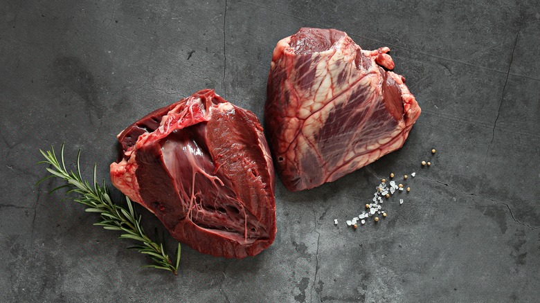 Raw beef heart on counter