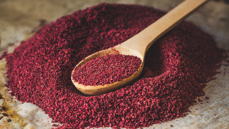 Mound of sumac spice with spoon