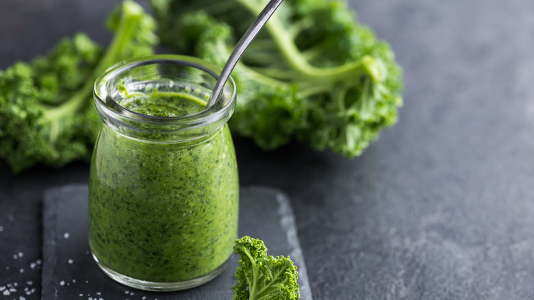 Kale pesto in a glass jar