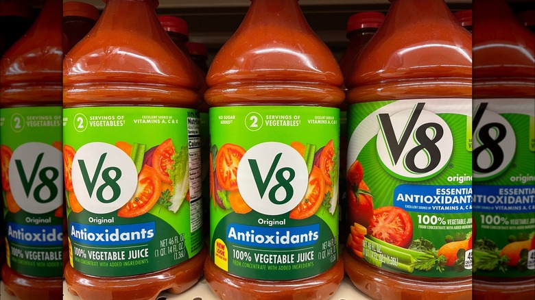 V8 bottle on grocery shelf