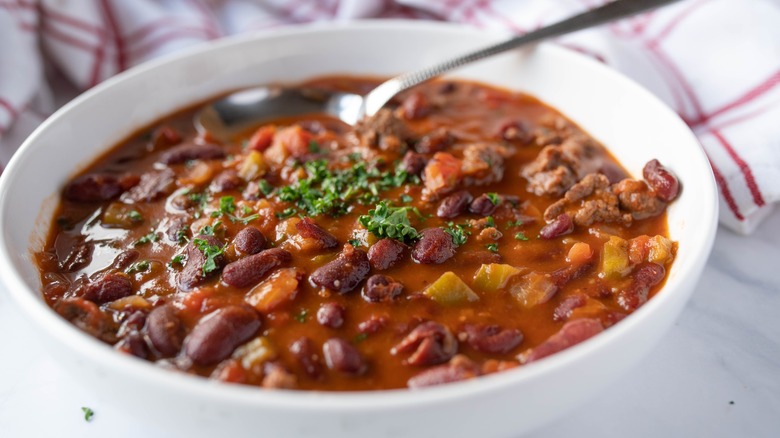 bowl of chili with spoon