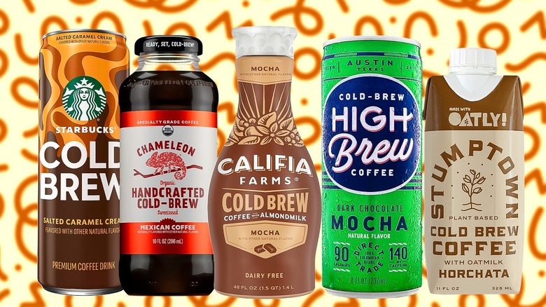 Variety of bottles and cans of popular cold brew coffees