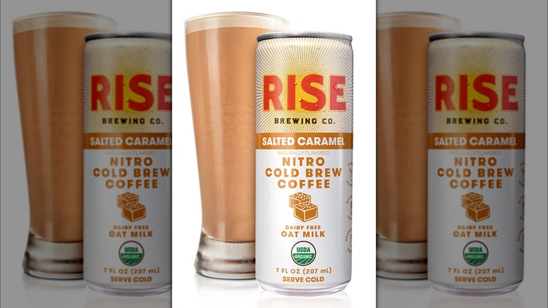 Can of Rise salted caramel cold brew and glass