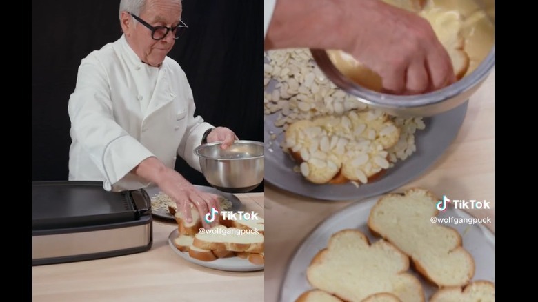 Wolfgang Puck coating french toast with laminated almonds