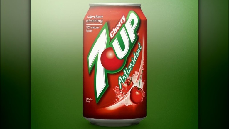 A can of Cherry 7UP that has the word "antioxidant" under its logo