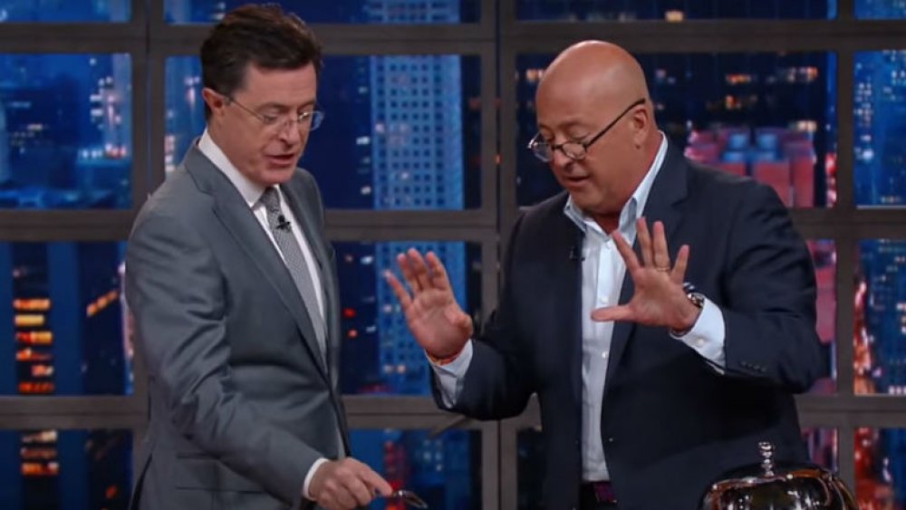 Andrew Zimmern and Colbert