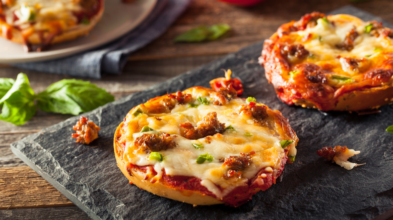 bagel pizza on a slate