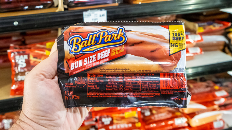 pack of Ball Park franks at grocery store