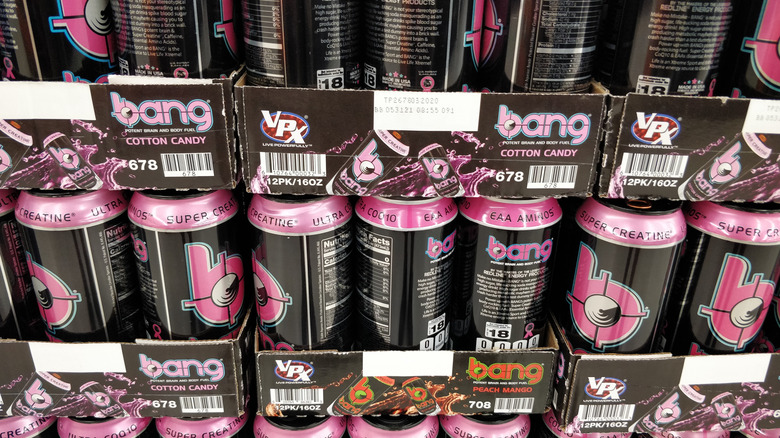 cases of bang energy drink on a store shelf